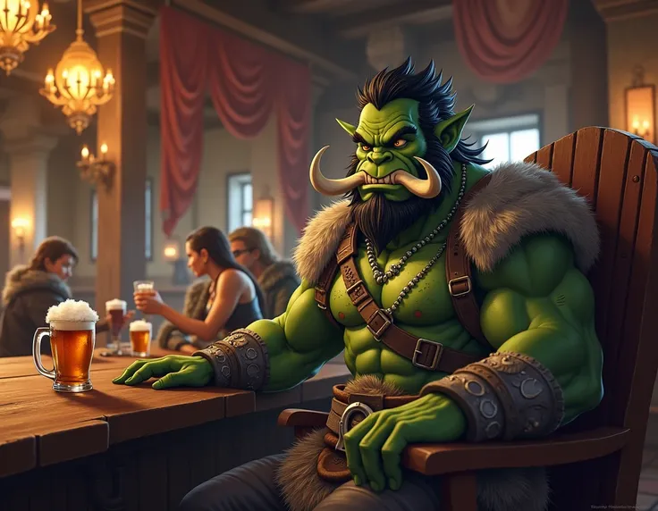 a friendly looking orc barbarian with tusk,a bit handsome ,at a bar, fantasy and anime style