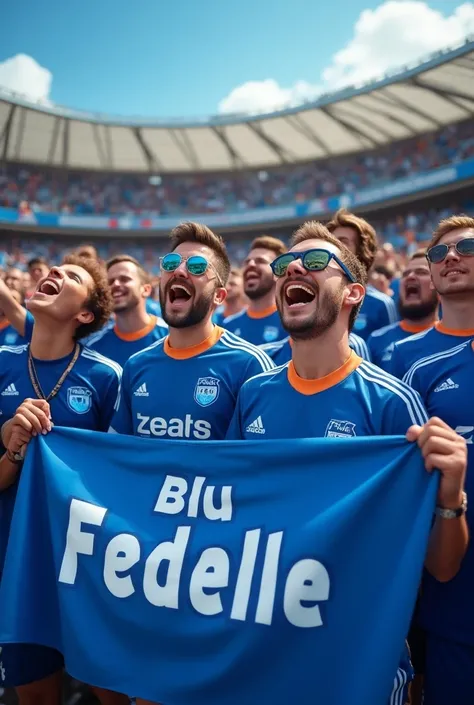 Give me a picture of the fans who are in blue 
They stand on the grandstand holding a banner that says BLU FEDELE 

