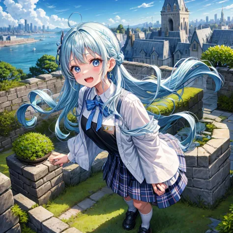 Light blue hair、Rainbow Eyes、Wavy Hair、Hair tied up、Two cute、 Plaid Mini Skirts 、Black T-shirt、Long sleeve、and、striped high socks、tie、Teeth are visible、Ice Castle、Tilting face、lawn、In front of the city gate、The stone is cracked、Uneven ground、Stone Wall、The...