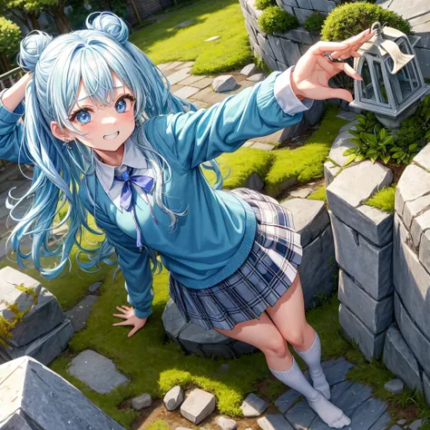 Light blue hair、Rainbow Eyes、Wavy Hair、Hair tied up、Two cute、 Plaid Mini Skirts 、Black T-shirt、Long sleeve、and、striped high socks、tie、Teeth are visible、Ice Castle、Tilting face、lawn、In front of the city gate、The stone is cracked、Uneven ground、Stone Wall、The...