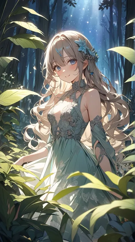 One Girl、 Mysterious Smile 、Deep Eyes、 Long Wavy Hair 、Fantasy-inspired costumes、夜のIn the forestにいる姿勢、Small breasts、 fantastic atmosphere 、  
   break、  
   moonlight、(Mysterious Light:1.3)、 pale color 、Fantastic shadows、 quiet atmosphere 、  
   break、  
 ...