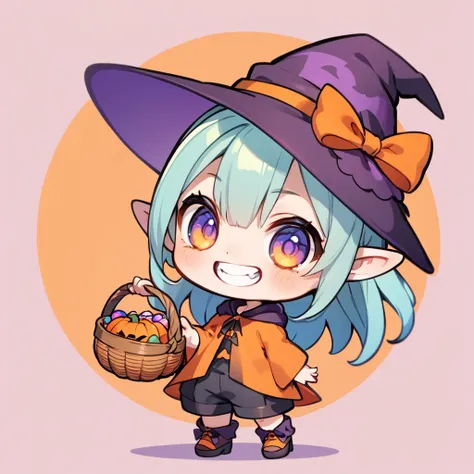 avatar style, ultra-small deformation, chibi cute, 1 feminine elf, feminine face, solo, full body, he is wearing a halloween cos...