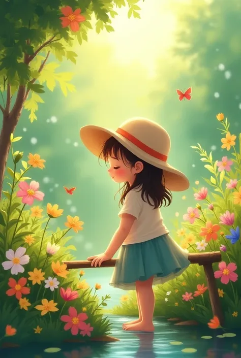 Realistic photos,  A girl in the garden .,bright colors,soft lighting, flowing lines ,Floral patterns ,Green foliage, peaceful atmosphere , warm sunshine ,peaceful view,happy expression, Usar un sombrero para el sol , exploring the garden , admirando las f...