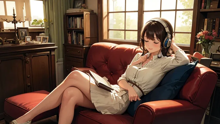 A retro room lined with bookshelves, where a woman sits wearing headphones, immersed in the music. The room exudes a vintage charm with wooden furniture and soft lighting. The woman, dressed in period-appropriate fashion, sits comfortably, her eyes closed ...