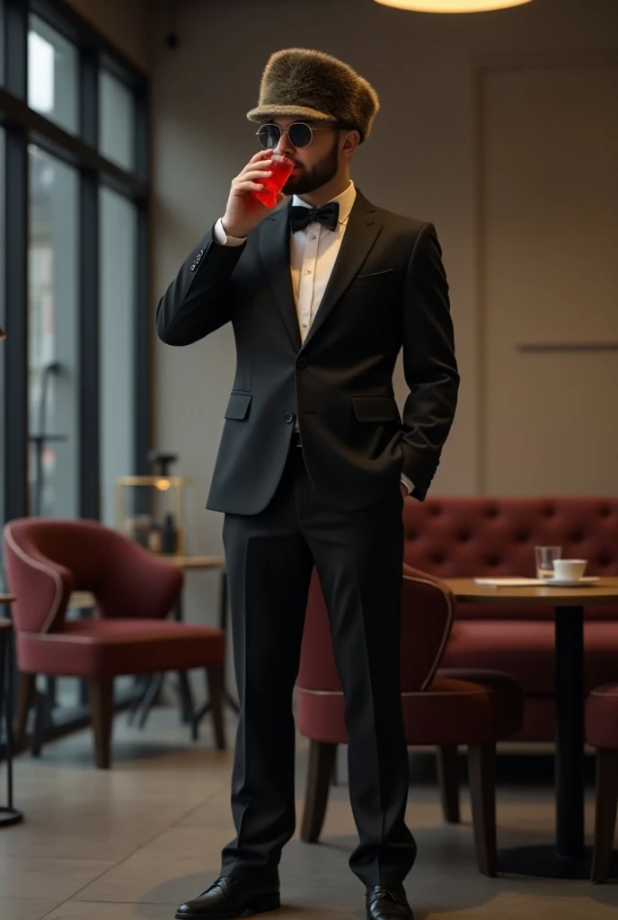 A man wearing a Russian hat, wearing a suit, drinking red water, beautiful chairs and tables in a cool shop. 