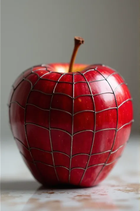 (Create a hyper-realistic image of a Spider-Man character reimagined as an apple. The apple should have a smooth, glossy red surface with subtle web patterns etched into its skin, reflecting the iconic Spider-Man design. The apple’s stem is shaped like Spi...