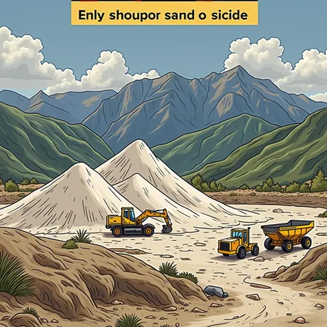 White and off white Silica sand heaps with small excavator machine and small dumper, big green mountains behind there