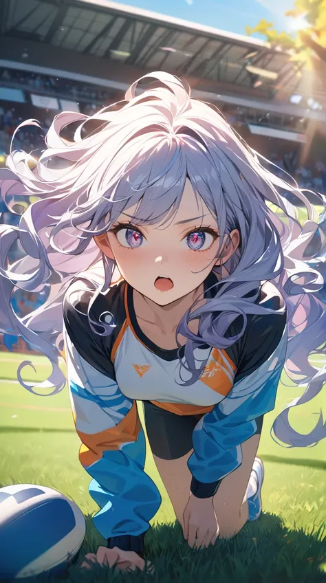 One Girl、A challenging look、Sharp Eye、 long curly hair 、 sporty costume 、 attitude towards sports competitions、Small breasts、 Active Atmosphere 、  
   break、  
    bright sunlight、( Energetic Light :1.3)、 Vivid Hues 、Powerful Shadow、 tense atmosphere 、  
 ...