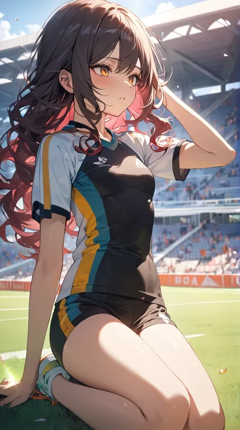 One Girl、A challenging look、Sharp Eye、 long curly hair 、 sporty costume 、 attitude towards sports competitions、Small breasts、 Active Atmosphere 、  
   break、  
    bright sunlight、( Energetic Light :1.3)、 Vivid Hues 、Powerful Shadow、 tense atmosphere 、  
 ...