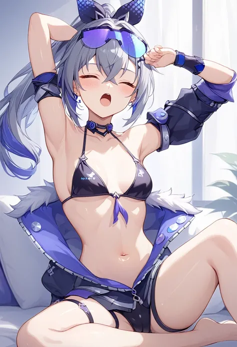 (masterpiece, best quality:1.2),1girl, SilverWolf, Honkai Star Rail, silver hair, ponytail, gray eyes, goggle, high quality, detailed shiny skin, detailed beautiful hair, detailed beautiful eyes, detailed clothes, (high resolusion:1.2), 4K, official art, h...