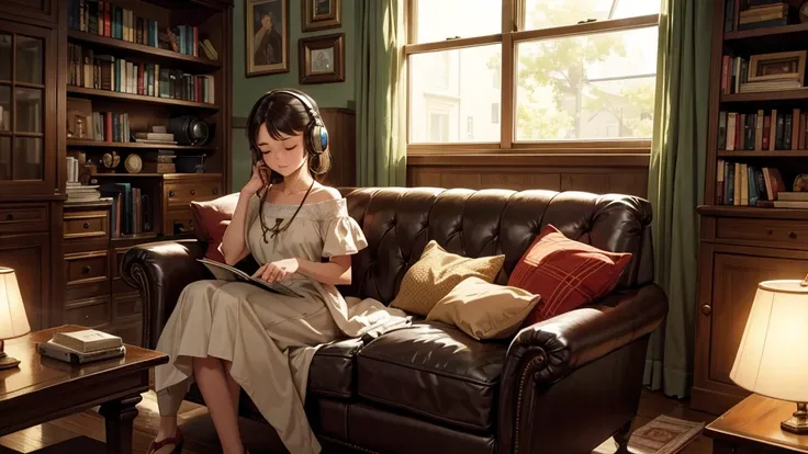 A retro room lined with bookshelves, where a woman sits wearing headphones, immersed in the music. The room exudes a vintage charm with wooden furniture and soft lighting. The woman, dressed in period-appropriate fashion, sits comfortably, her eyes closed ...