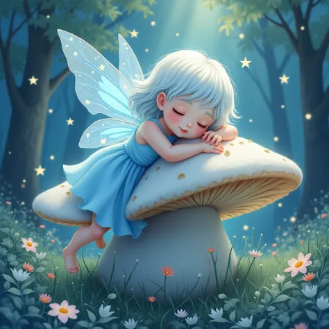 Transparent Japanese watercolor rendering, super realistic!   A beautiful fairy, plump body, light blue flowy dress, blue crystal eyes, she has icy white wavy hair, translucent glowing wings, innocent look, she sleeps on the surface of a big mushroom,  slo...