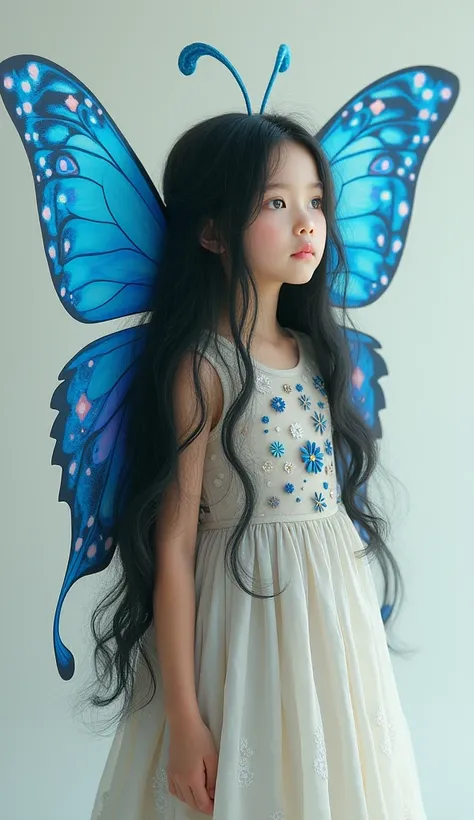 Suliw girls head black hair was in the shape of butterfly blue elegant wings The girl is wearing a dress with lots of bright small flowers 