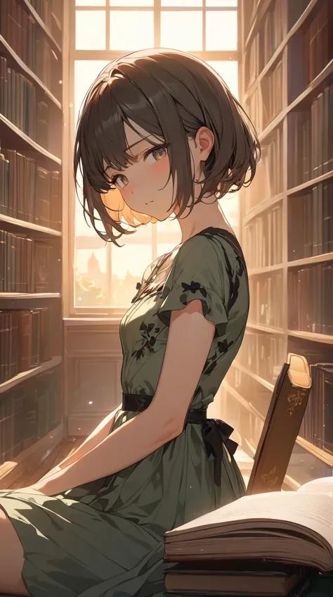 One Girl、 Slightly Embarrassed Expression 、Soft Eyes、Short Hair、 Cute Dress 、 Libraries の本棚の前に立っている姿勢、Small breasts、Intellectual atmosphere、  
   break、  
   Twilight、(Warm Light:1.1)、 Calm Hues 、Gentle Shadow、 quiet atmosphere、  
   break、  
    Libraries...