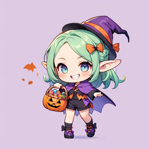 avatar style, ultra-small deformation, chibi cute, 1 feminine elf, feminine face, solo, full body, a halloween costume, shorts, ...