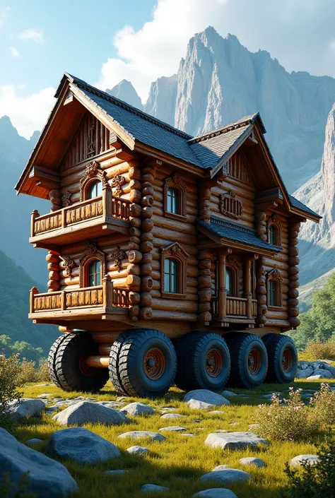 A mobile house on wheels,build with masive logs,and round fancy windows,intricate wooden work,photorealistic,mountain view,flowers,plants,huge mansion 3 levels,intricate wood sculpures,the perfect balance between metal and wood,iron bolts,3 levels building...