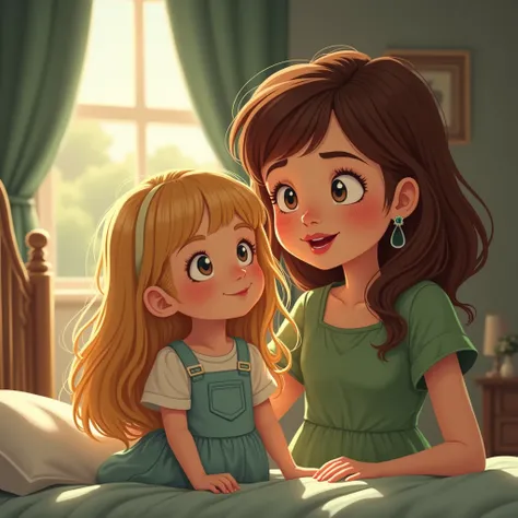  a very cute little girl , Blonde and petite , rosy cheeks,  bangs and long hair .  she is with her grandmother ,  a kind lady with brown hair , and green dress.  her grandmother is going to put the little girl to sleep in her room