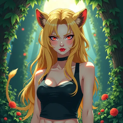 Portrait of a pale fierce human/lion hybrid woman with blonde lion ears, wearing a black tank top, with shiny red eyes, long blonde hair, red shiny lips, in a moonlit jungle, with beams of light through trees, lush shrubs, flowers, vines, etc, anime in wat...