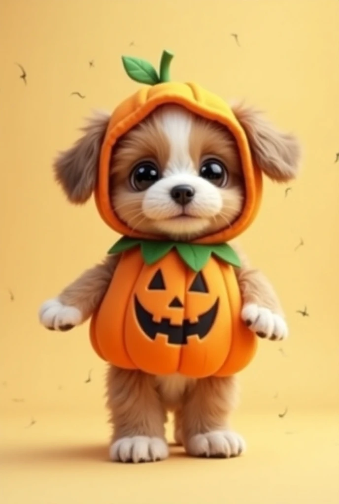 A cute puppy standing upright like a human, dressed in a Halloween-themed pumpkin costume. The puppy has soft brown and white fur and large expressive eyes looking directly at the camera. The pumpkin costume features a bright orange base with black jack-o-...