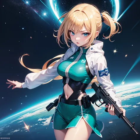 anime girl with a gun in a green uniform, Anime Style 4k,Space Police, Best Anime 4K , Badass Anime 8k, 4k anime wallpaper,  anime art wallpaper 4k ,  anime art 4k , anime wallpaper 4k, anime wallpaper 4k, 4K Manga Wallpaper, Anime Art Wallpaper 8K