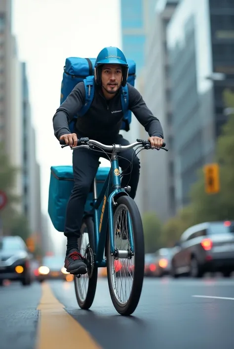 Courier with blue wolt bag on his back with front wheel in the air ,sırtında mavi wolt çantalı kurye 