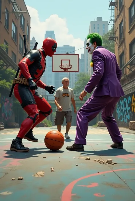 Deadpool and joker playing basketball with ordinary person man wearing casual t-shirt and short on the squatter area 