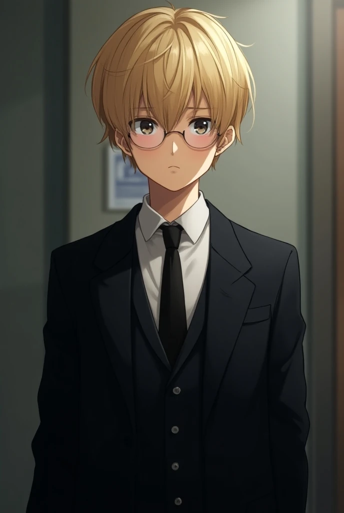 1 boy,male focus is looking at , alone, Official, shirt, suit, Black tie, white shirt, Blonde hair, Black jacket, Short hair, Blurred, CXK,    best quality, 4K,  viewers with a wide range of details, Light and shadow, 