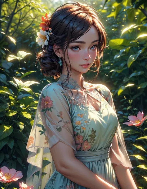 a beautiful girl in a garden, 1girl, detailed face and eyes, long eyelashes, serene expression, detailed skin, delicate facial features, wearing a floral dress, standing in a lush garden, sunlight filtering through the trees, vibrant green foliage, colorfu...