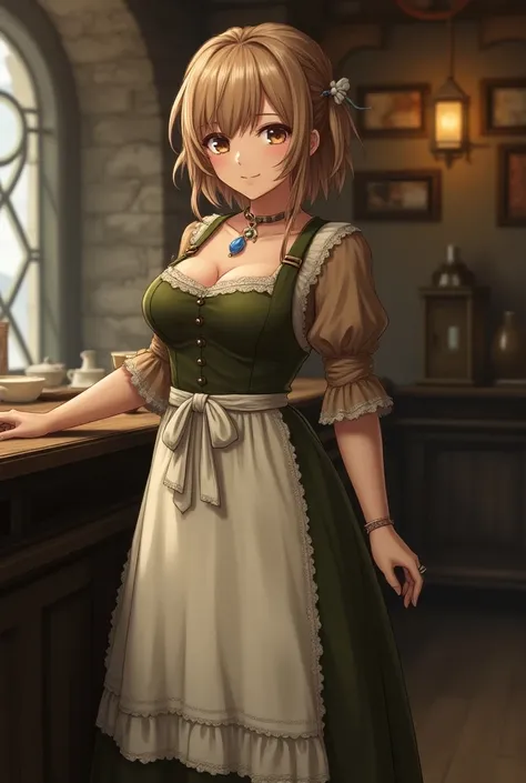 Japanese Anime girl Hair: Short, jaw-length hair, slightly messy and with a side fringe. The hair color can be something soft, like light brown or ash blonde, matching the medieval environment. Body: She has a curvaceous body and her breasts are notably la...