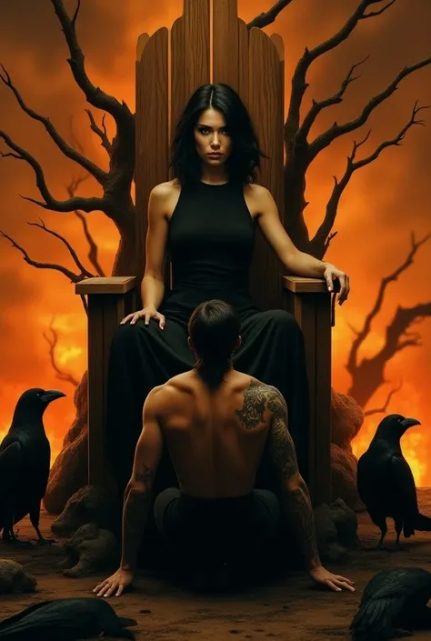  An image of a woman with medium black hair ,Low and white 
 dressed in a black dress ,  her face is of someone who has a lot of power , She is sitting on a wooden throne and apparently the branches are sticking out and a brown man with dark hair and a bit...