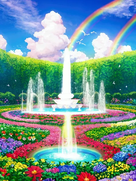 Flower garden background: In a garden full of colorful flowers, there are fountains and birds flying around. The sky is full of clouds and rainbows, soft pastel tones.