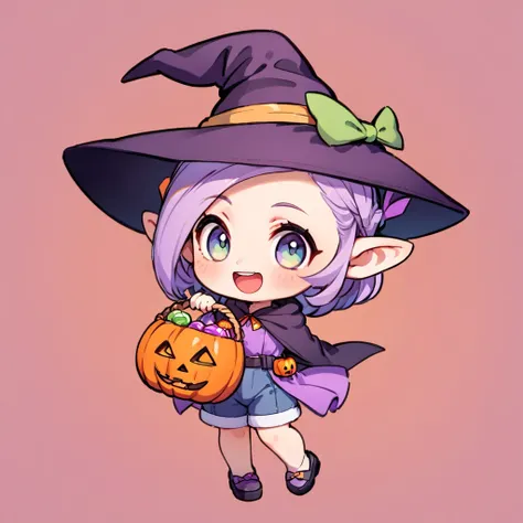 avatar style, ultra-small deformation, chibi cute, 1 feminine elf, feminine face, solo, full body, a halloween costume, shorts, ...