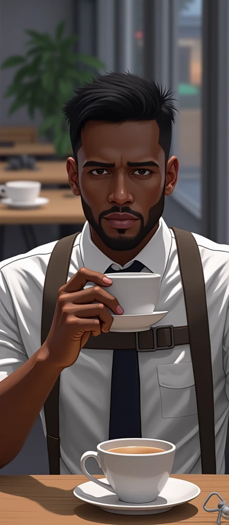 man, dark skin, black short hair, a white shirt with a harness sits at the table with a cup of coffee 