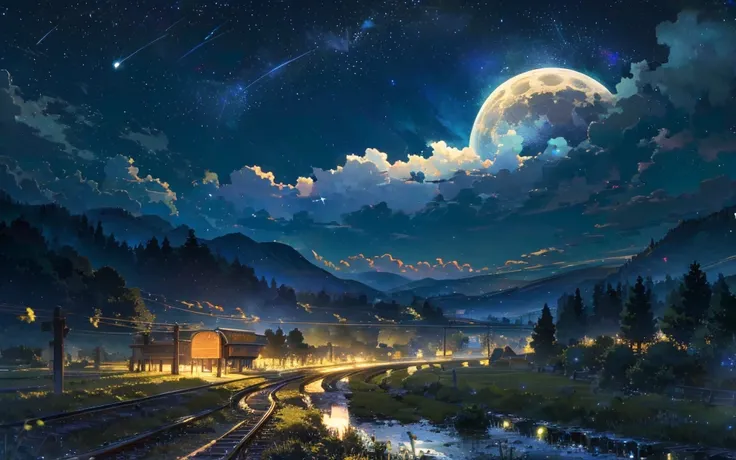 a moving train, passing through a field full of villages, night, starry sky, clouds, a very large full moon in the sky, very strong moonlight, clear and marked lines, masterpiece, fireflies, side-view