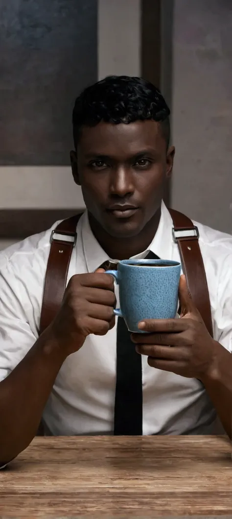 man, dark skin, black short hair, a white shirt with a harness sits at the table with a cup of coffee 