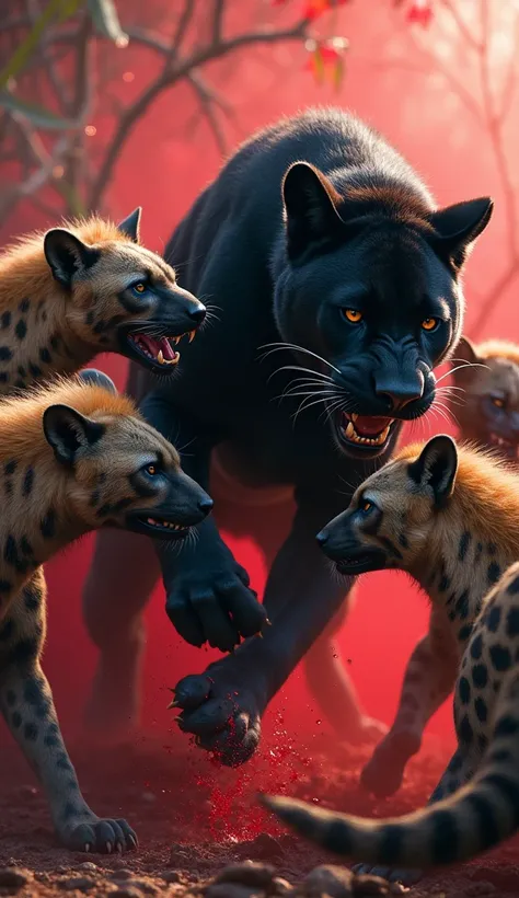 4 hyenas kill a black panther with blood in red leafe blur bg