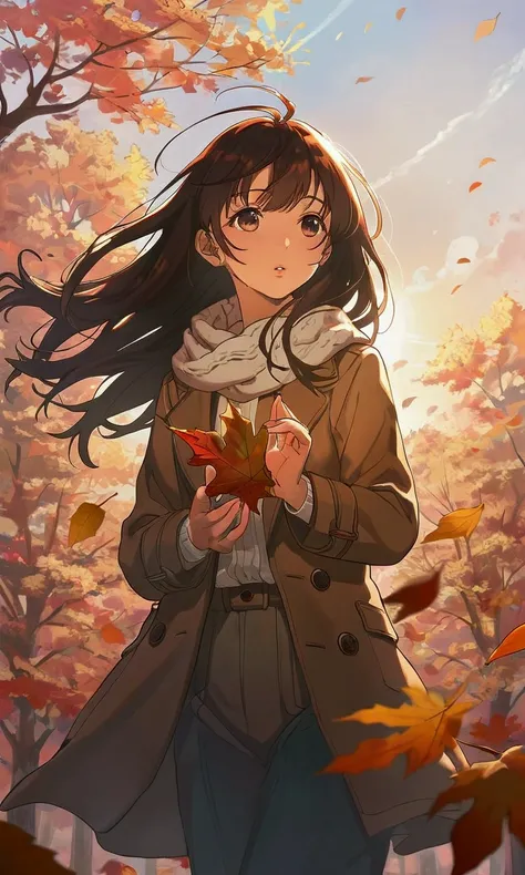 a girl with long brown hair in an autumn outfit of scarf, coat, and boots, picking up leaves in the soft autumn light, full body view, looking away from the camera, against a simple minimalist white background, (1girl, beautiful detailed eyes, beautiful de...