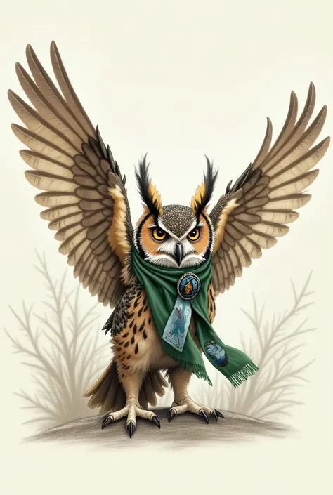 Open winged owl drawing ,  wearing scout scarf in green colors, blue and white
