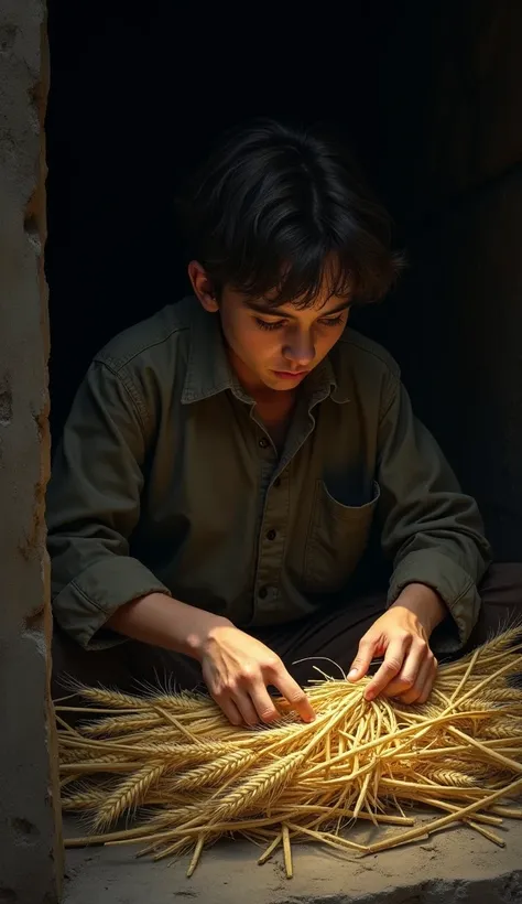 Gideon , A simple young man,  hidden as you work knitting wheat in a dark and cramped space . The scene conveys an environment of fear ,  with your attention focused on work and your eyes alert to possible threats.
