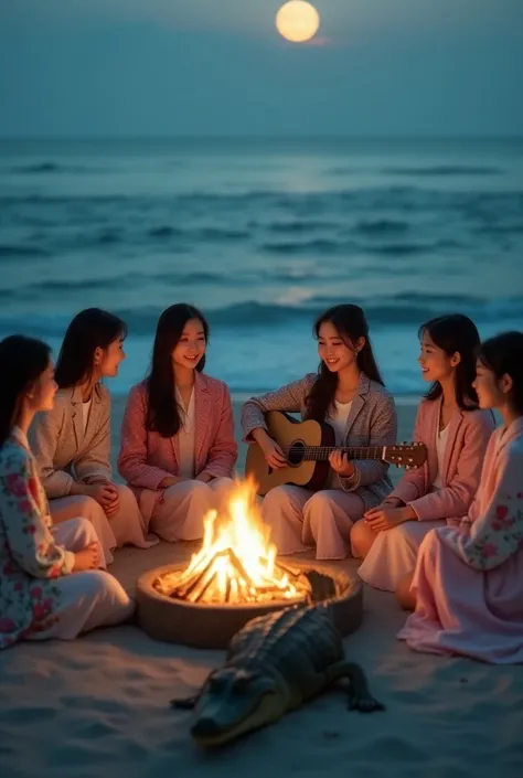 A beautiful Korean girl plays guitar alongside five beautiful Korean girls wearing ksos floral print jackets are sitting on the beach around a campfire while burning corn and a crocodile is smiling face to camera in decorative moonlight visual UHD