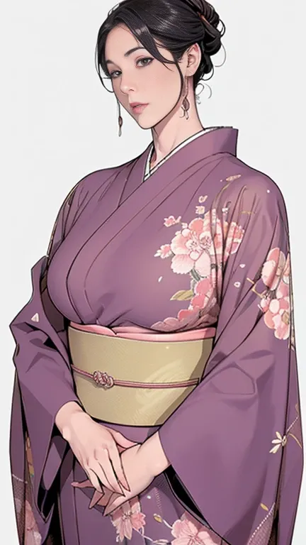 1，Japanese hairstyle， Transparent ，detailed，masterpiece，Mature，((full))， (Broad shoulders), ((Huge))，Plus size Mature women，expensive，30 years old，Pretty face, (Obese woman)，Beautiful long-sleeved kimono，kimono，Hold your chest with both hands:1，high qualit...