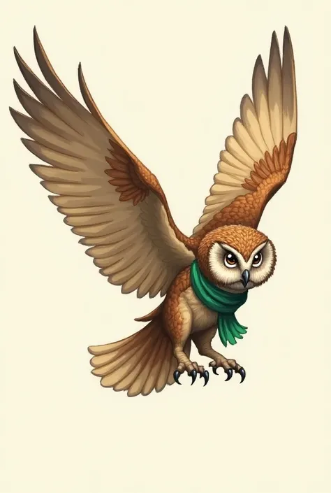 Open winged owl drawing ,  wearing scout scarf in green colors, blue and white(Without a scarf)
