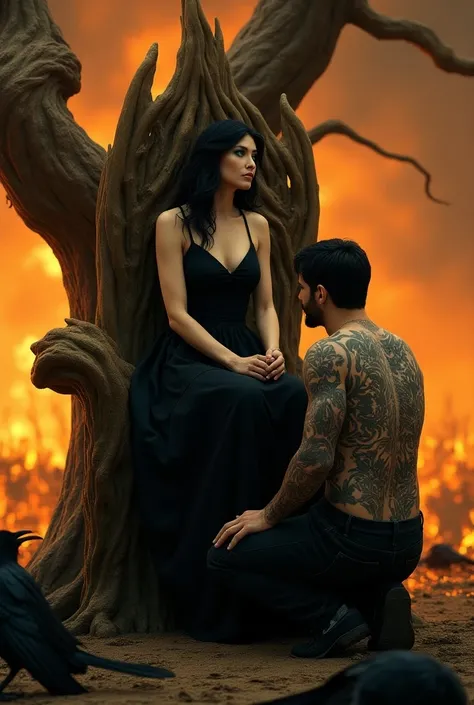 An image of a brown-haired woman , low, with green eyes and dressed in a black dress ,  her face is of someone who has a lot of power , She is sitting on an old tree that is shaped like a throne and the branches are sticking out and a brown man with dark h...