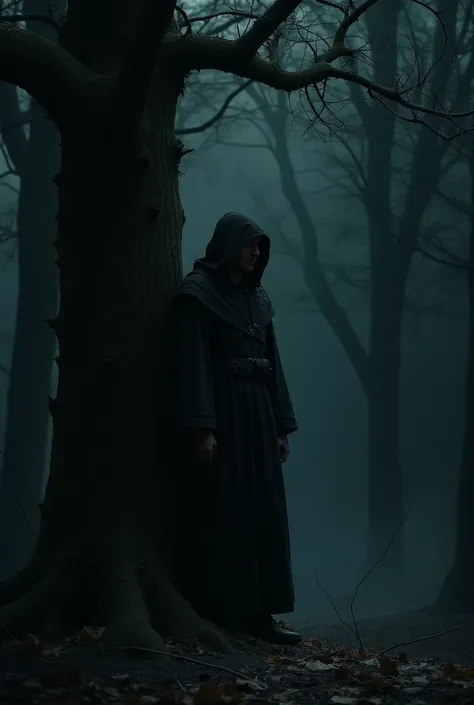 The picture is supposed to be set in the Middle Ages .  The background should be a dark forest and in the foreground a man wearing a hooded robe leaning against a tree 