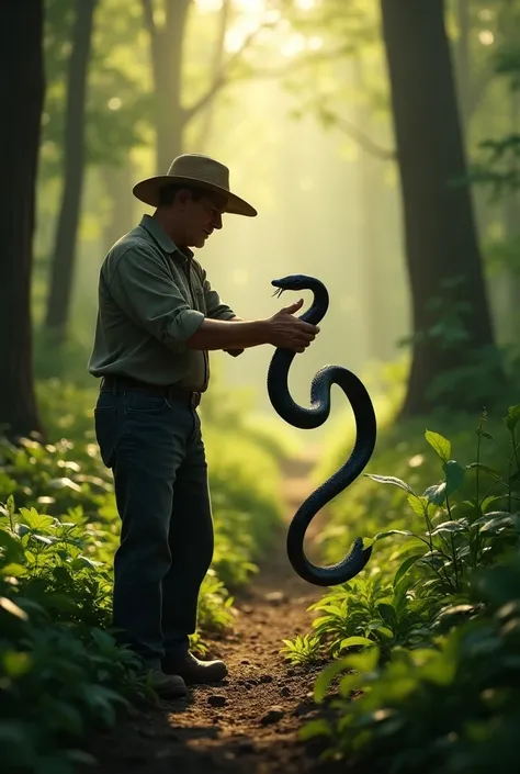 The farmer gently picking up the black snake and releasing it in a dense part of the forest, sunlight filtering through the trees.