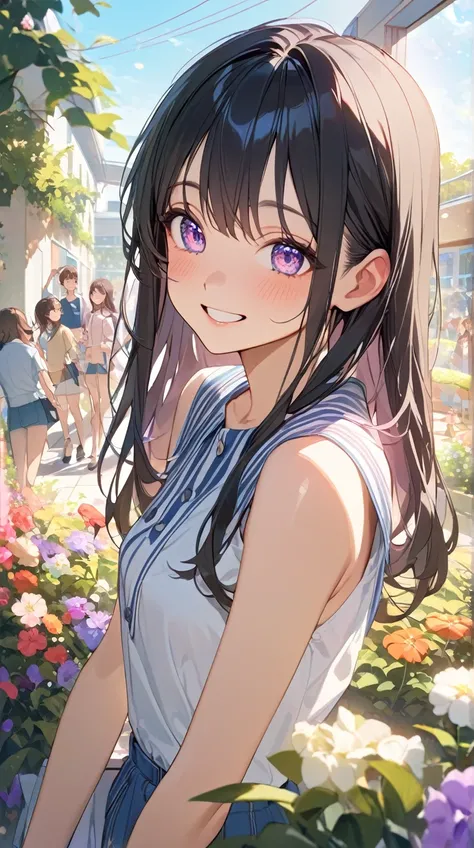 One Girl、Bright smile、Shining Eyes、 long straight hair 、 casual uniform 、 attitude with friends、Small breasts、 energetic vibe 、  
   break、  
   blue sky、(Soft Light:1.2)、 Vivid Hues 、Light Shadows、 fun vibe、  
   break、  
   School courtyard、Where flowers...