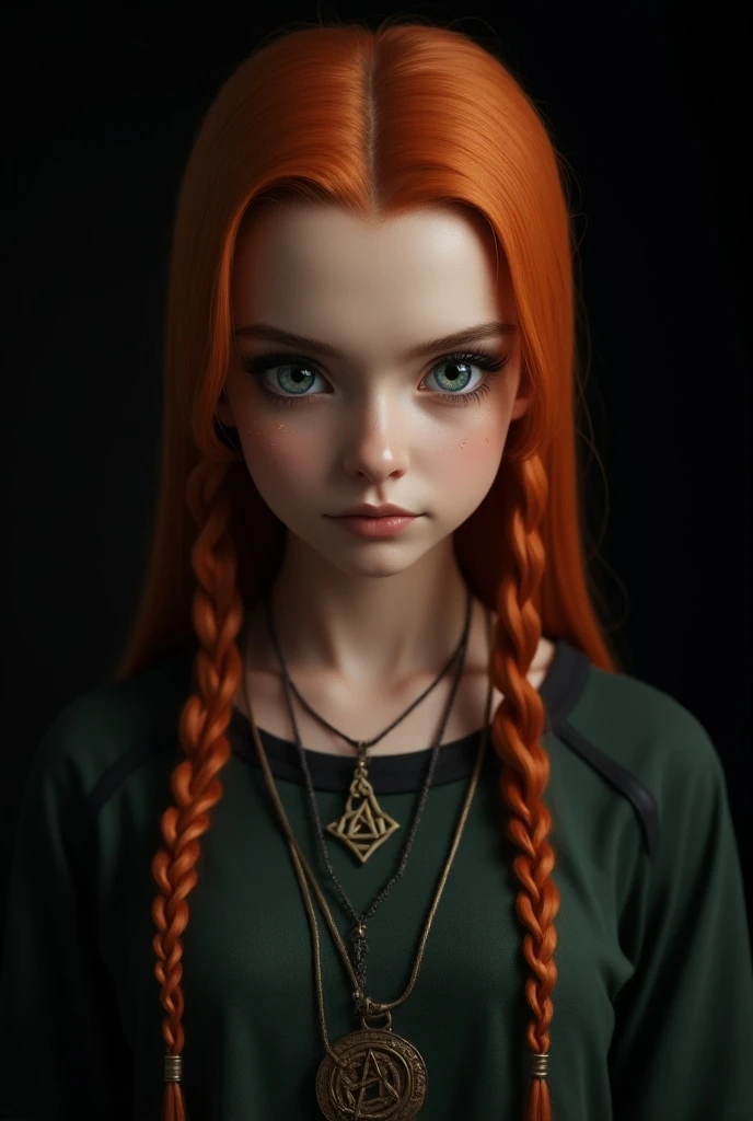  hyperrealistic solo image , Beautiful girl standing, full body, Hecates daughter , Goddess of magic, Elemental Magic.  ,  character from the Percy Jackson and the Olympians saga, Smooth fire-colored hair with two white highlights highlighted at the front....