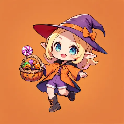 avatar style, ultra-small deformation, chibi cute, 1 feminine elf, feminine face, solo, full body, he is wearing a halloween cos...