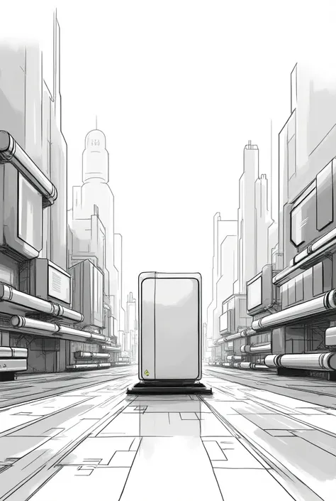 Hello， Can you help me draw this picture with simple black and white lines and rough stick strokes？                        Screen 5： Future Prospects
Background ： Future City Full of Technology。

Scenario：Product launch 、Smart Factory。

Target：Intelligent、...