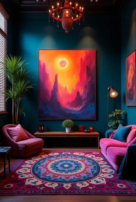 "A vibrant, psychedelic-themed room with dark walls, bold, saturated colors and modern furniture. The main wall, professionally lit from the front without visible light sources, features a large, empty canvas in the center, framed by dark tones. The room i...